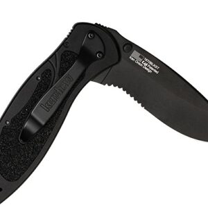 Kershaw Blur,Black Serrated(1670BLKST); Folding Knife with All-Black Body,Partially Serrated 3.4” 14C28N Steel Blade,Anodized Aluminum Handle with Trac-Tec Grip,Reversible Pock lip; 3.9OZ