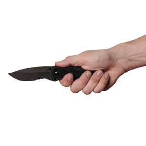 Kershaw Blur,Black Serrated(1670BLKST); Folding Knife with All-Black Body,Partially Serrated 3.4” 14C28N Steel Blade,Anodized Aluminum Handle with Trac-Tec Grip,Reversible Pock lip; 3.9OZ