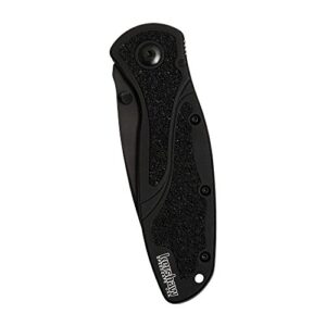 Kershaw Blur,Black Serrated(1670BLKST); Folding Knife with All-Black Body,Partially Serrated 3.4” 14C28N Steel Blade,Anodized Aluminum Handle with Trac-Tec Grip,Reversible Pock lip; 3.9OZ