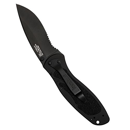 Kershaw Blur,Black Serrated(1670BLKST); Folding Knife with All-Black Body,Partially Serrated 3.4” 14C28N Steel Blade,Anodized Aluminum Handle with Trac-Tec Grip,Reversible Pock lip; 3.9OZ