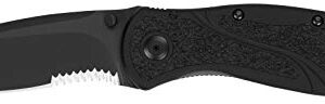 Kershaw Blur,Black Serrated(1670BLKST); Folding Knife with All-Black Body,Partially Serrated 3.4” 14C28N Steel Blade,Anodized Aluminum Handle with Trac-Tec Grip,Reversible Pock lip; 3.9OZ