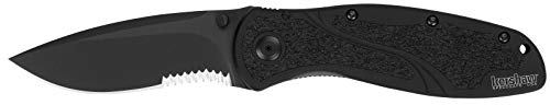 Kershaw Blur,Black Serrated(1670BLKST); Folding Knife with All-Black Body,Partially Serrated 3.4” 14C28N Steel Blade,Anodized Aluminum Handle with Trac-Tec Grip,Reversible Pock lip; 3.9OZ