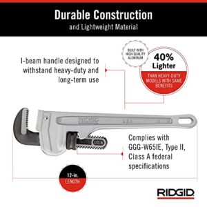 RIDGID 47057 Aluminum Straight Pipe Wrench, 12" Sturdy Plumbing Wrench with Self Cleaning Threads and Hook Jaws