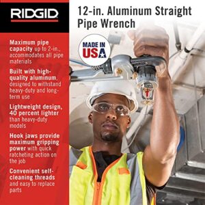 RIDGID 47057 Aluminum Straight Pipe Wrench, 12" Sturdy Plumbing Wrench with Self Cleaning Threads and Hook Jaws