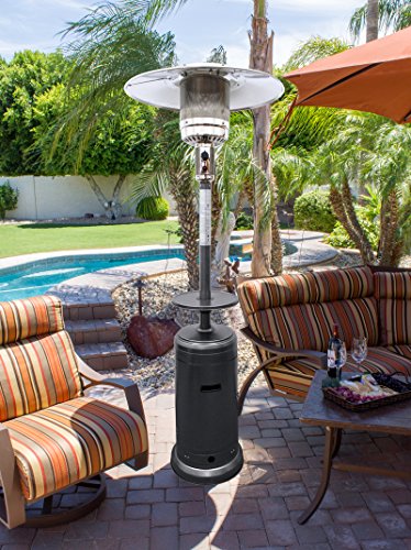 Hiland HLDS01-CB 48,000 BTU Propane Patio Heater w/Wheels and Table, Large, Hammered Silver