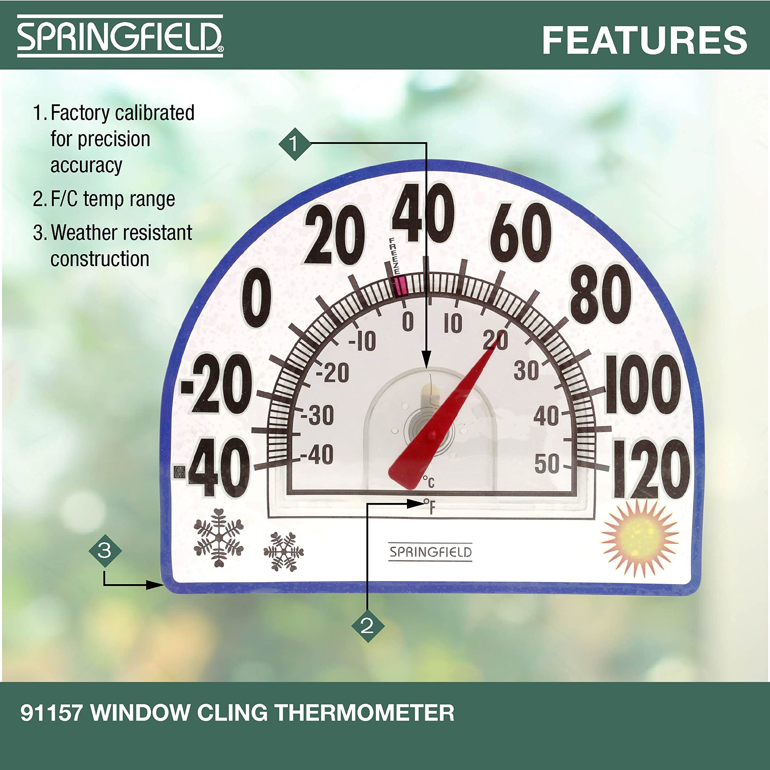 Springfield Static Cling Indoor Outdoor Thermometer, Temperature Gauge for Patio, Pool, and Sauna