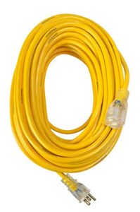 yellow jacket 2885 12/3 heavy-duty 15-amp premium sjtw contractor extension cord with lighted end, ideal use with heavy duty equipment and tools, durable molded plugs, 100 feet, yellow