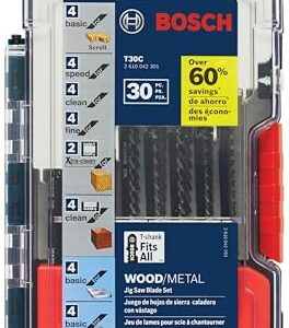 BOSCH T30C T-Shank Multi-Purpose Jigsaw Blades, 30 Piece, Assorted, Jig Saw Blade Set for Cutting Wood and Metal