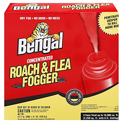 Bengal Concentrated Roach and Flea Killer Fogger, Odorless Mess-Free Dry Fog, 3-Count, 2.7 Oz. Aerosol Cans