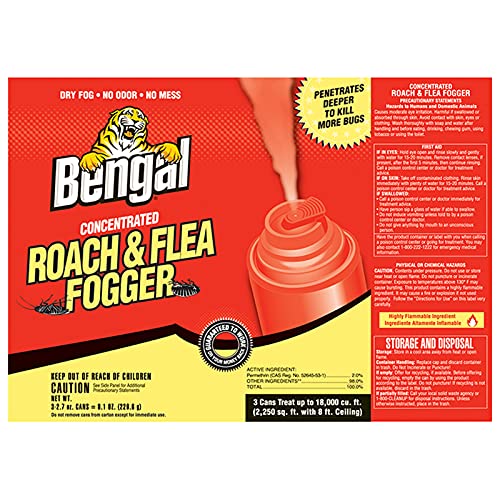 Bengal Concentrated Roach and Flea Killer Fogger, Odorless Mess-Free Dry Fog, 3-Count, 2.7 Oz. Aerosol Cans