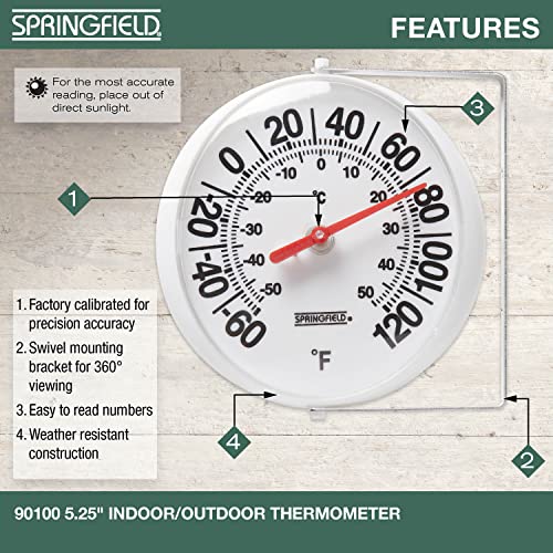 Springfield Big and Bold Thermometer with Mounting Bracket, Indoor Outdoor Thermometer with Large Numbers for Patio, Pool, and Indoor Areas, White