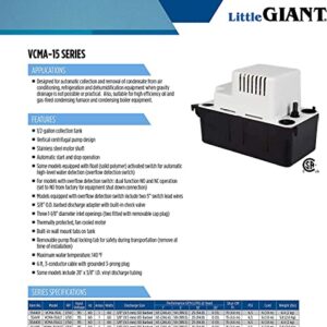 Little Giant VCMA-15UL 115 Volt, 65 GPH, 1/50 HP Automatic Condensate Removal Pump (no safety switch), Black/White, 554401