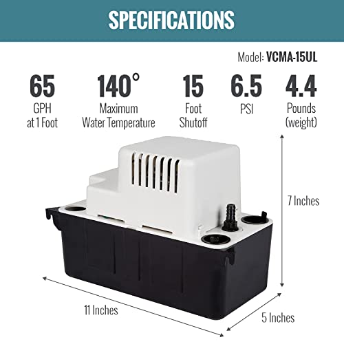 Little Giant VCMA-15UL 115 Volt, 65 GPH, 1/50 HP Automatic Condensate Removal Pump (no safety switch), Black/White, 554401