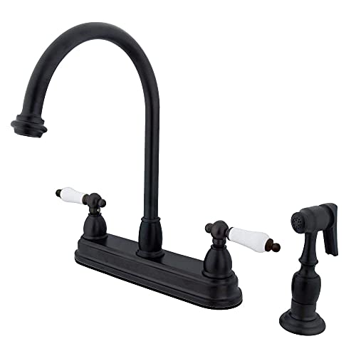 Kingston Brass KB3755PLBS Deck Mount Center Kitchen Faucet Porcelain Handle with Brass Sprayer, 8-1/2", Oil Rubbed Bronze