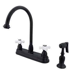 kingston brass kb3755pxbs deck mount 8" center kitchen faucet, porcelain cross handle with brass sprayer, oil rubbed bronze