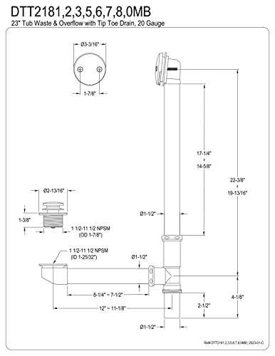 Kingston Brass DTT2188 Tip-Toe Bath Tub Drain and Overflow, Brushed Nickel 26.81 x 12 x 3.19