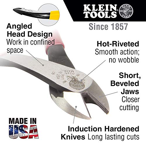 Klein Tools J248-8 Pliers, Diagonal Cutting Pliers with Angeled Head, Short Jaws, High-Leverage Design, 8-Inch