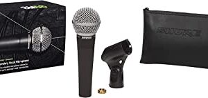 Shure SM58 Cardioid Dynamic Vocal Microphone with Pneumatic Shock Mount, Spherical Mesh Grille with Built-in Pop Filter, A25D Mic Clip, Storage Bag, 3-pin XLR Connector, No Cable Included (SM58-LC)