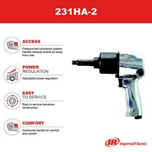 Ingersoll Rand 231HA-2 1/2" Drive Air Impact Wrench, 2" Extended Anvil, 590 ft-lbs Max Reverse Torque Output, 8000 RPM, Adjustable Power Regulator, Pressure Fed Lubrication System