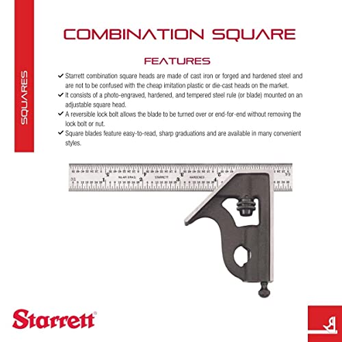 Starrett Steel Combination Square with Square Head - 6" Blade Length, Cast Iron Heads, Hardened Steel, Reversible Lock Bolt, Scriber, Spirit Level - 4R Graduation - 11H-6-4R