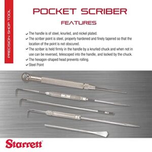 Starrett Steel Pocket Scriber with Hexagon Shape Head - 2-3/8" (60mm) Point Length, 1/4" (6.4mm) Handle Diameter, Knurled and Nickel-Plated Handle - 70A