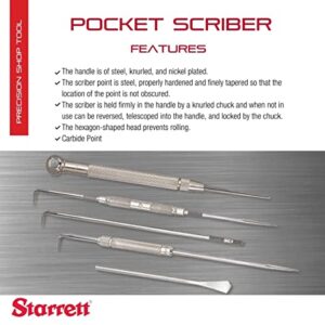 Starrett Carbide Pocket Scriber with Hexagon Shape Head - 2-3/8" (60mm) Point Length, 1/4" (6.4mm) Handle Diameter, Knurled and Nickel-Plated Handle - 70AX