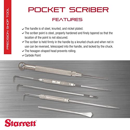 Starrett Carbide Pocket Scriber with Hexagon Shape Head - 2-3/8" (60mm) Point Length, 1/4" (6.4mm) Handle Diameter, Knurled and Nickel-Plated Handle - 70AX