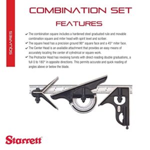 Starrett Combination Set with Square, Center and Reversible Protractor Head and Blade -12" Blade Length, Forged and Hardened Steel Heads, 4R Graduation Type - 434-12-4R
