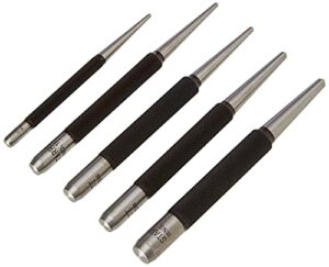 starrett steel center punch with round shank and knurled finger grip - hardened and tempered steel, 0-4-inch length, 1/16, 5/64, 3/32, 1/8, 5/32 diameter tapered point, 5 pieces - s117pc