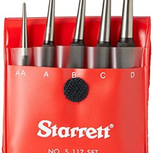 Starrett Steel Center Punch with Round Shank and Knurled Finger Grip - Hardened and Tempered Steel, 0-4-inch Length, 1/16, 5/64, 3/32, 1/8, 5/32 Diameter Tapered Point, 5 Pieces - S117PC