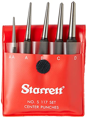 Starrett Steel Center Punch with Round Shank and Knurled Finger Grip - Hardened and Tempered Steel, 0-4-inch Length, 1/16, 5/64, 3/32, 1/8, 5/32 Diameter Tapered Point, 5 Pieces - S117PC