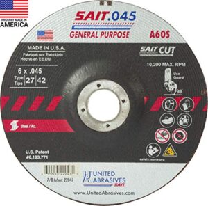 united abrasives-sait 22047 a60s general purpose cut-off wheel (type 27/type 42 depressed center) 6" x .045" x 7/8", 50-pack