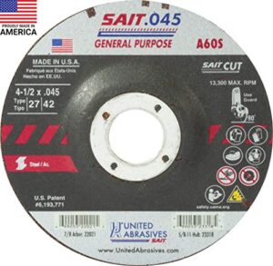 united abrasives-sait 22021 a60s general purpose cut-off wheels (type 27/type 42 depressed center) 4 1/2" x .045" x 7/8", 50-pack