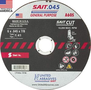 united abrasives-sait 23106 a60s general purpose cut-off wheels (type 1/type 41 flat) 6" x .045"x 7/8", 50-pack