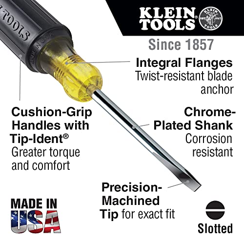 Klein Tools 601-10 Flat Head Screwdriver, 3/16-Inch Cabinet Tip with 10-Inch Round Shank