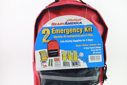 Ready America 70280 72 Hour Emergency Kit, 2-Person, 3-Day Backpack, Includes First Aid Kit, Survival Blanket, Portable Preparedness Go-Bag for Camping, Car, Earthquake, Travel, Hiking, and Hunting, Red