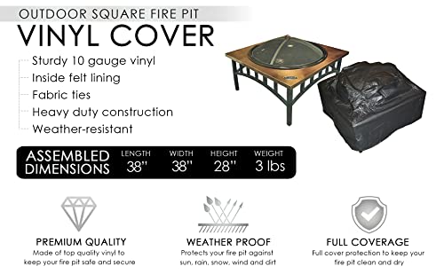 Fire Sense 02056 Outdoor Square Fire Pit Vinyl Cover Patio Heaters Heavy Duty 10 Gauge Felt Lined Water & Weather Resistant Fabric Ties - 38” x 38” - Square