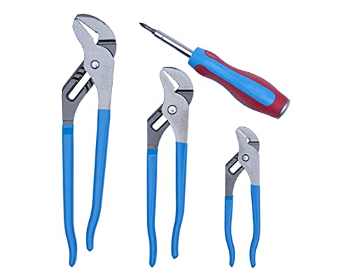 Channellock GS-3S 3 Piece Straight Jaw Tongue and Groove Pliers Set with bonus 6-in-1 CODE BLUE Screwdriver | Laser Heat-Treated 90° Teeth| Forged from High Carbon Steel | Pliers Made in USA