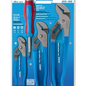 Channellock GS-3S 3 Piece Straight Jaw Tongue and Groove Pliers Set with bonus 6-in-1 CODE BLUE Screwdriver | Laser Heat-Treated 90° Teeth| Forged from High Carbon Steel | Pliers Made in USA