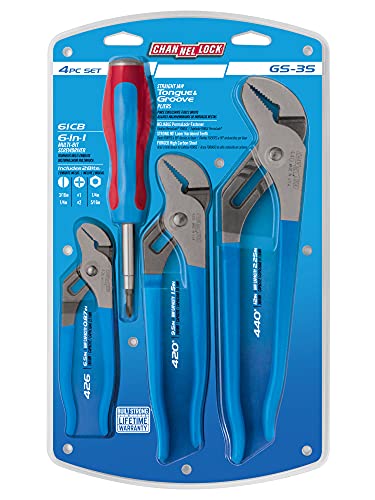 Channellock GS-3S 3 Piece Straight Jaw Tongue and Groove Pliers Set with bonus 6-in-1 CODE BLUE Screwdriver | Laser Heat-Treated 90° Teeth| Forged from High Carbon Steel | Pliers Made in USA