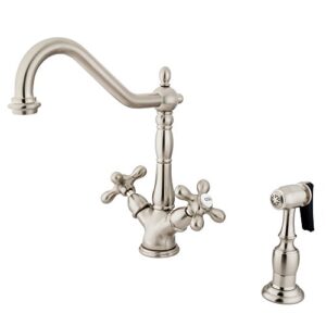 kingston brass nuvo elements of design es1238axbs new orleans 2-handle deck mount kitchen faucet with brass sprayer, 8- 1/2', satin nickel
