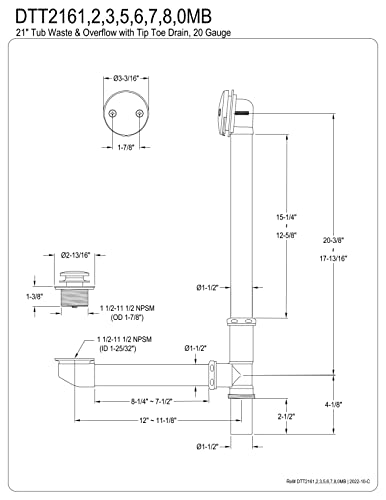 Kingston Brass DTT2168 Tip-Toe Bath Tub Drain and Overflow, Brushed Nickel 25.5 x 12.5 x 3.19