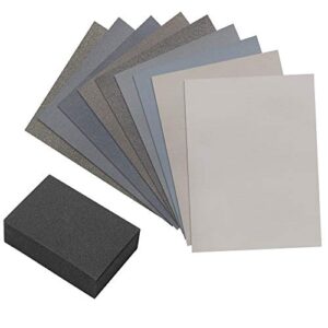 micro-mesh 9 sanding sheet introductory woodworkers kit with a 2 inch by 3 inch foam sanding block