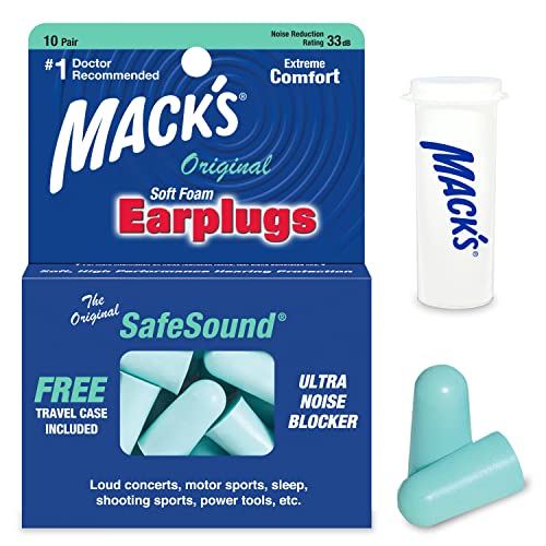 Mack's Original Soft Foam Earplugs, 10 Pair - 33B Highest NRR, Comfortable Ear Plugs for Sleeping, Snoring, Work, Travel & Loud Events