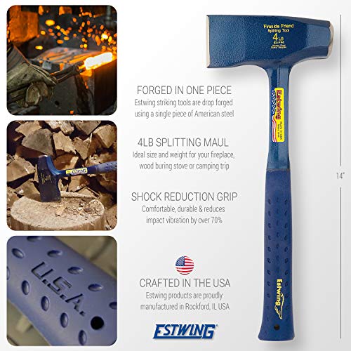 ESTWING Fireside Friend Axe - 14" Wood Splitting Maul with Forged Steel Construction & Shock Reduction Grip - E3-FF4, Blue