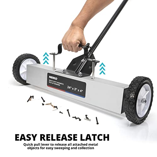 NEIKO 53416A 24” Rolling Magnetic Sweeper with Wheels, 30 Pound Capacity, Adjustable Handle & Floor Magnet Clearance Height, Metal Pick Up and Nail Magnet, Floor Sweeper for Construction, Shop, Etc.