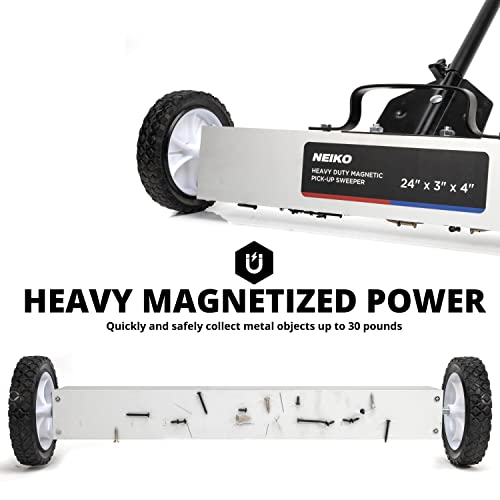 NEIKO 53416A 24” Rolling Magnetic Sweeper with Wheels, 30 Pound Capacity, Adjustable Handle & Floor Magnet Clearance Height, Metal Pick Up and Nail Magnet, Floor Sweeper for Construction, Shop, Etc.