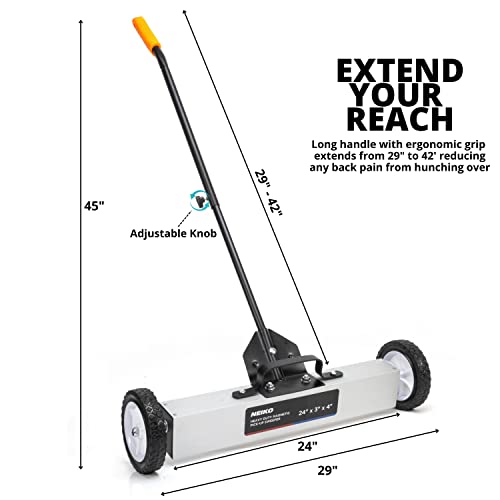 NEIKO 53416A 24” Rolling Magnetic Sweeper with Wheels, 30 Pound Capacity, Adjustable Handle & Floor Magnet Clearance Height, Metal Pick Up and Nail Magnet, Floor Sweeper for Construction, Shop, Etc.