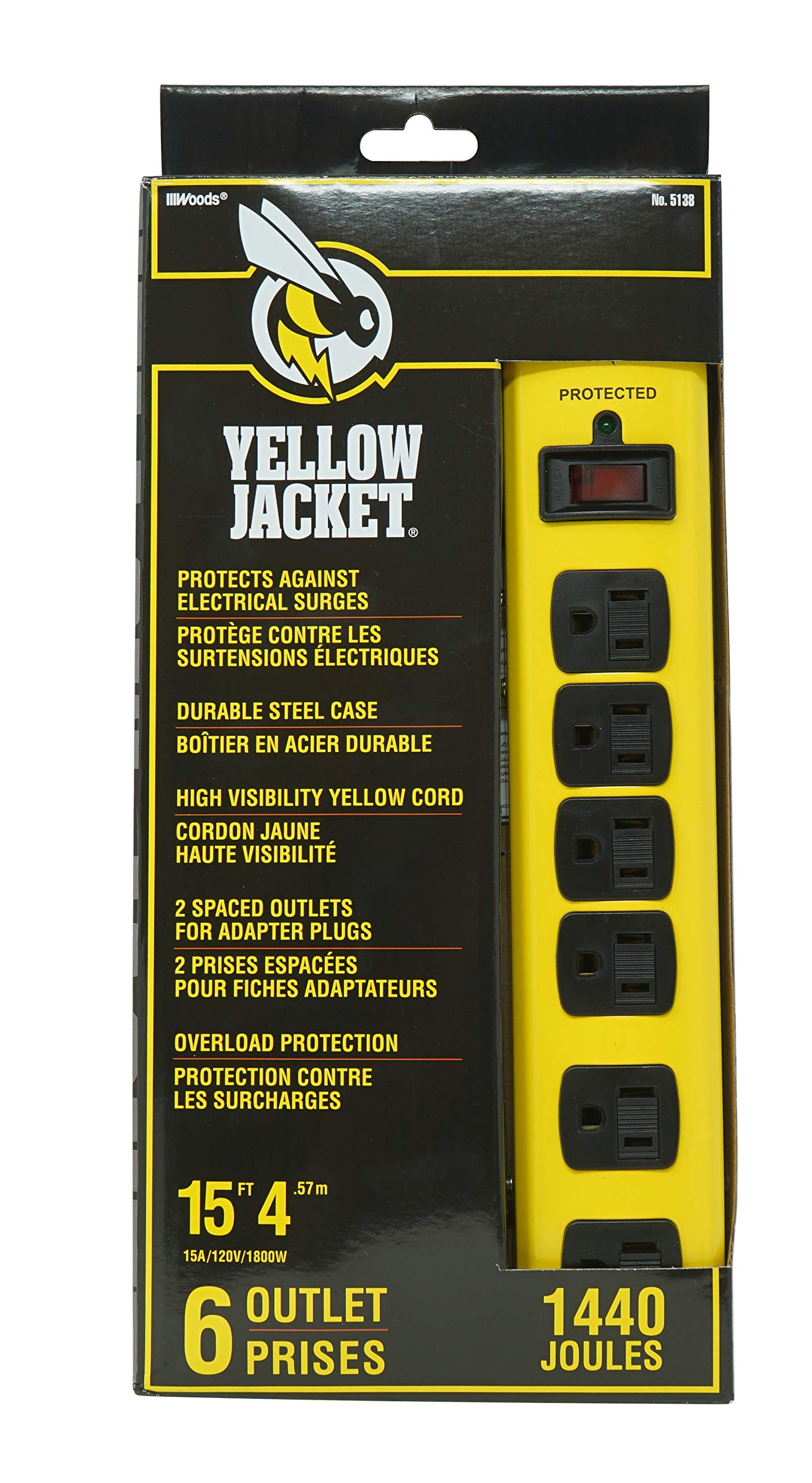 Yellow Jacket 5138N 5138 Metal Surge Protector Strip with 6 Outlets and 15 Foot Cord; Ft