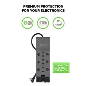 Belkin Power Strip Surge Protector with 12 AC Multiple Outlets, 10 ft Long Flat Plug Heavy Duty Extension Cord for Home, Office, Travel, Computer Desktop, Laptop & Phone Charging Bricks (4,156 Joules)